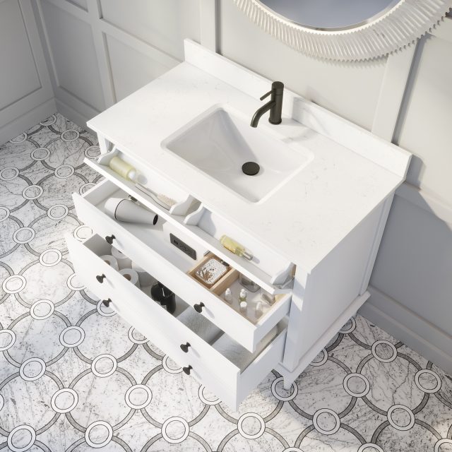 Francis 42-inch Bathroom Cabinet in White with drawers opened from an Overhead view