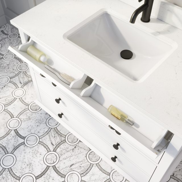 Francis 42-inch Bathroom Cabinet in White showing the Tilt-out drawers