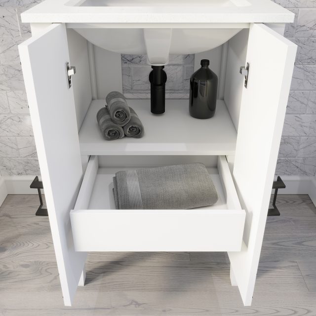 Hayden 24-inch Bathroom Cabinet in White showing the Pull-out drawer