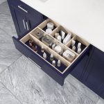 Katie 72-inch Bathroom Cabinet in Navy Blue showing the removable drawer organizer