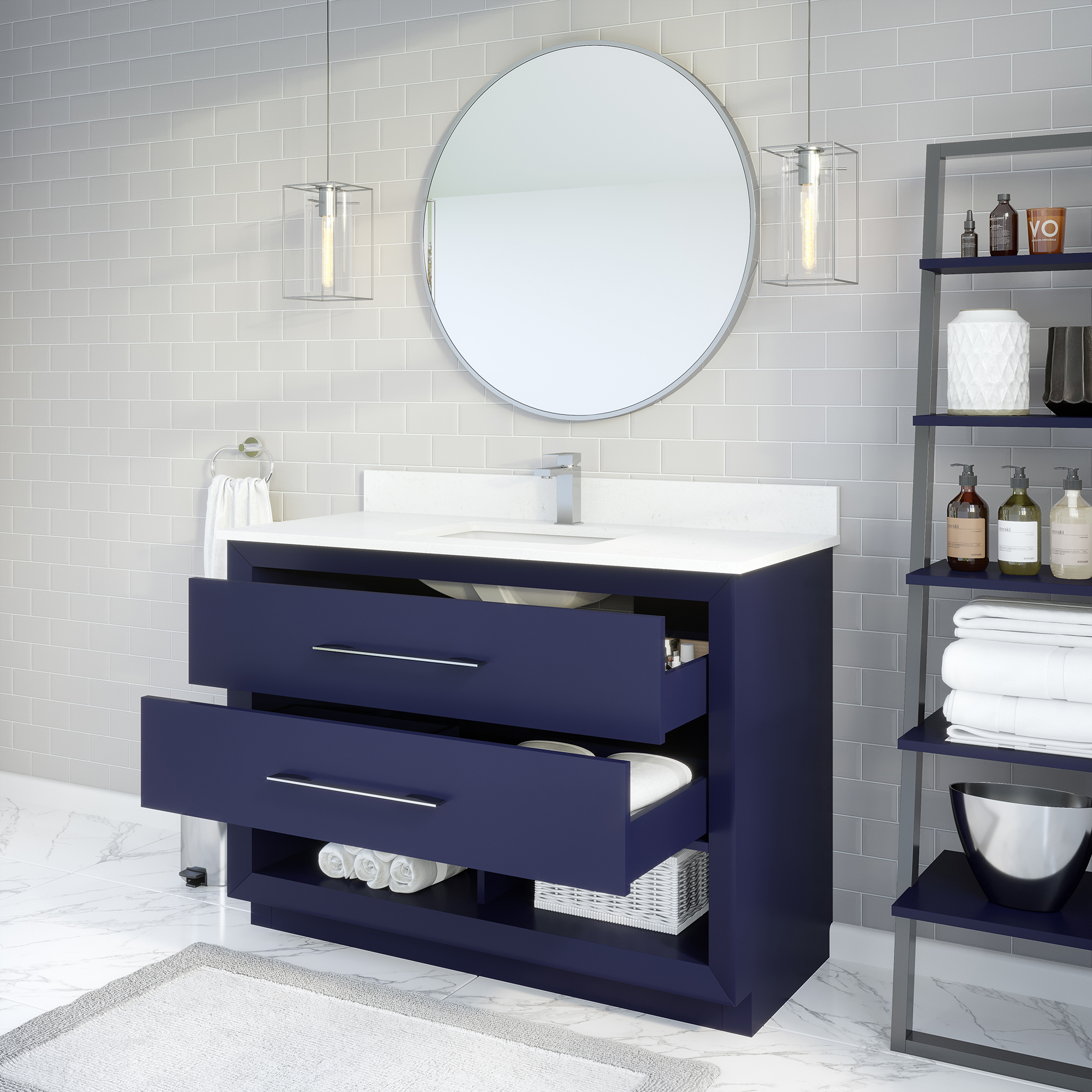 Ronaldo 48-inch Bathroom Cabinet in Navy-Blue with drawers opened