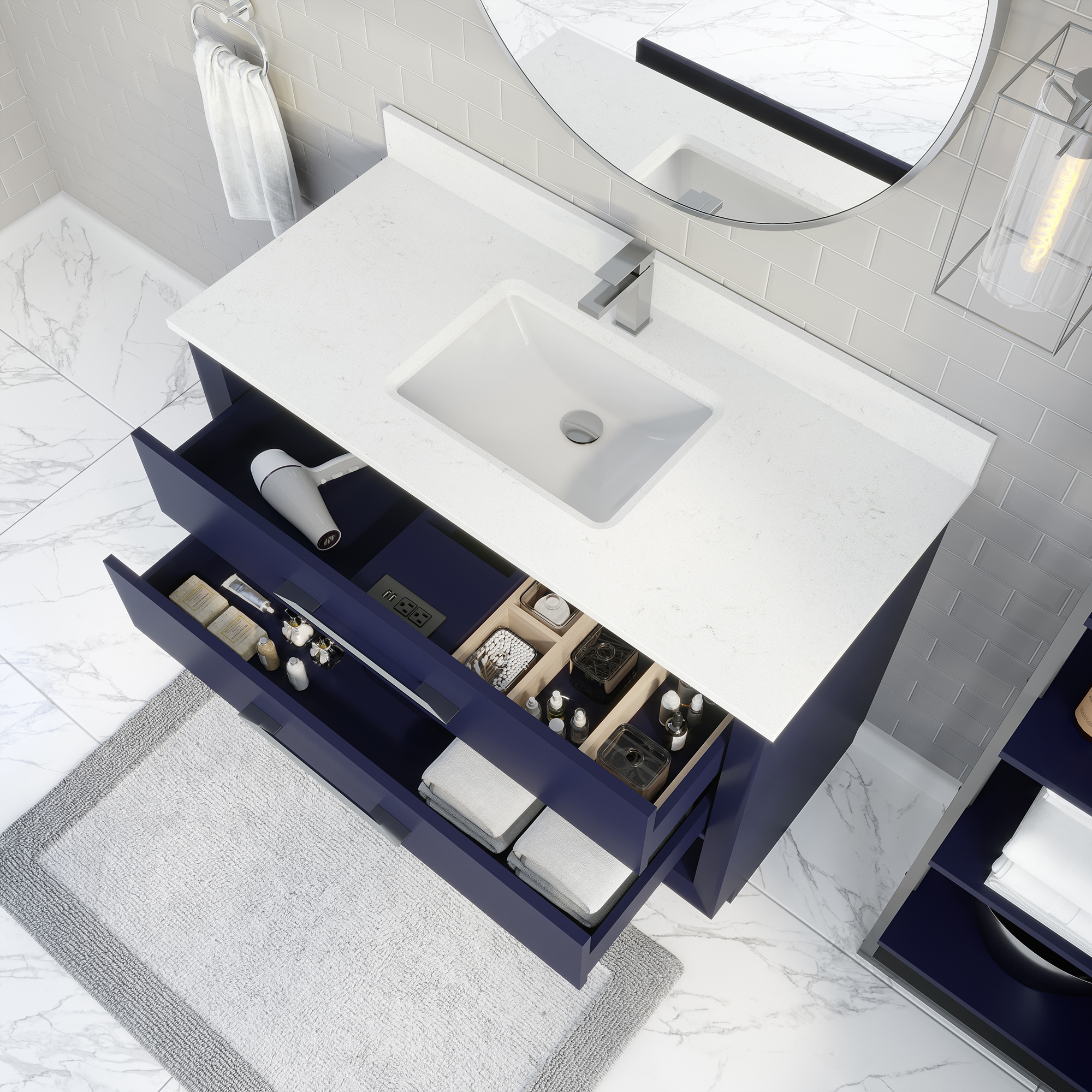 Ronaldo 48-inch Bathroom Cabinet in Navy-Blue with drawers opened from an Overhead view