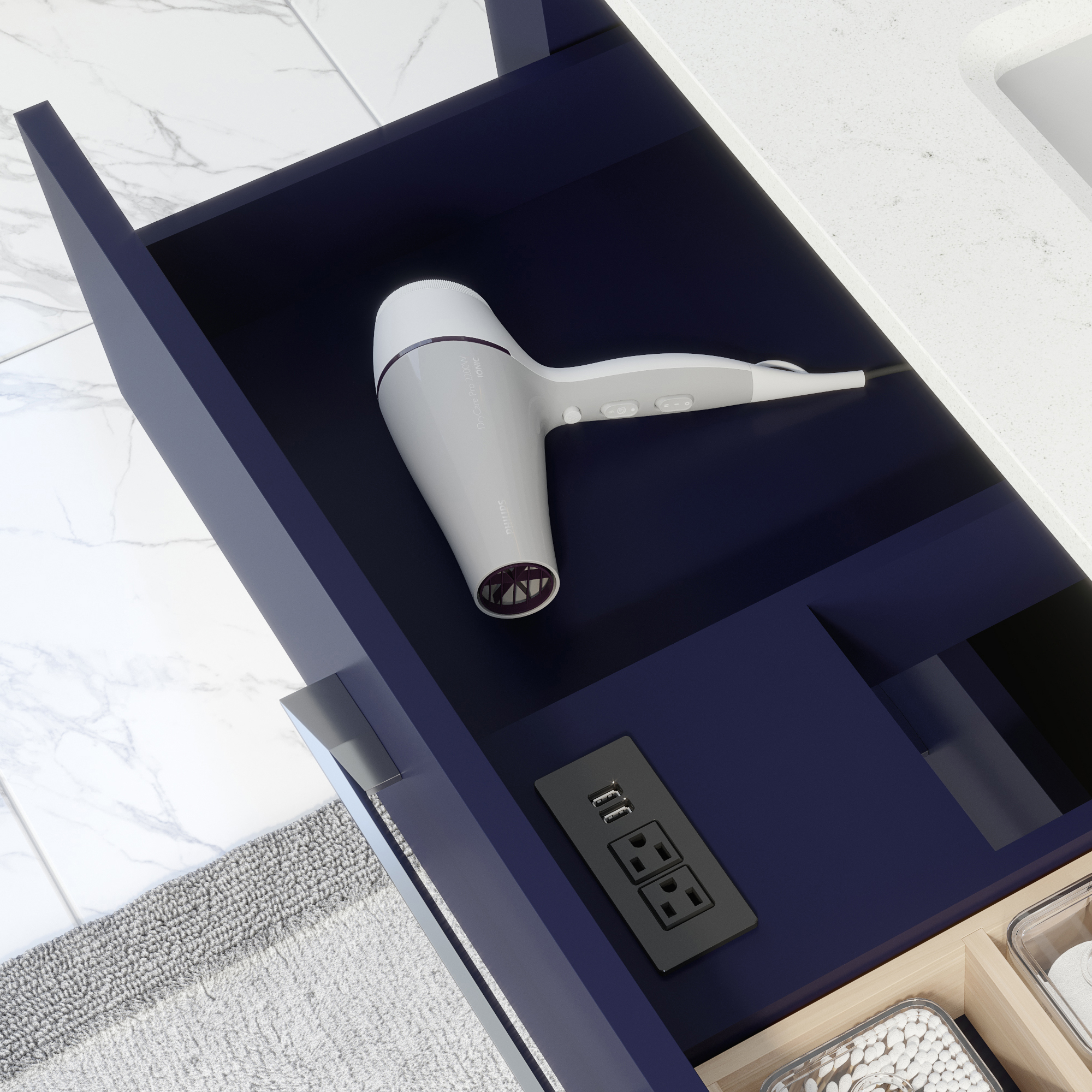 Ronaldo 48-inch Bathroom Cabinet in Navy-Blue showing the Power Outlet