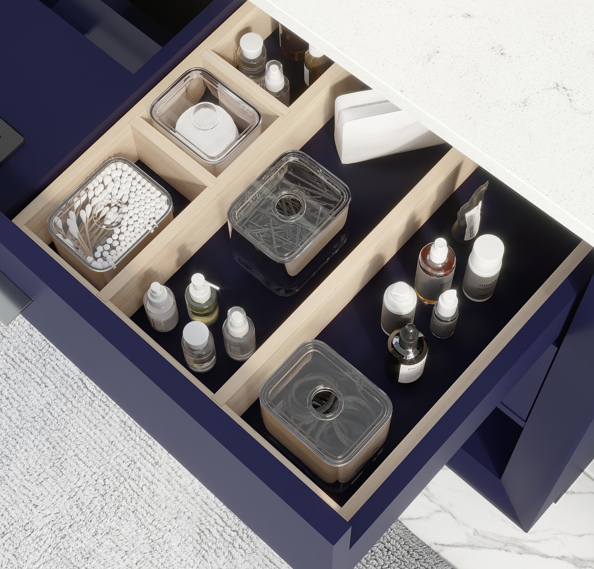 Ronaldo 48-inch Bathroom Cabinet in Navy-Blue showing the removable drawer organizer