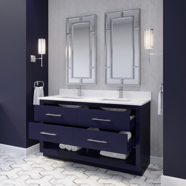 Ronaldo 60-inch Bathroom Cabinet in Navy-Blue with drawers opened