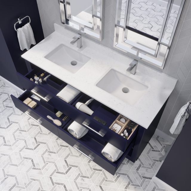 Ronaldo 60-inch Bathroom Cabinet in Navy-Blue with drawers opened from an Overhead view