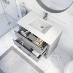 Ronaldo 36-inch Bathroom Cabinet in Oxford Grey with drawers opened from an Overhead view