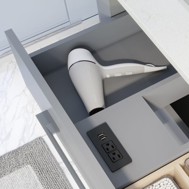 Ronaldo 36-inch Bathroom Cabinet in Oxford Grey showing the Power Outlet and USB ports