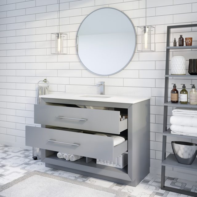 Ronaldo 48-inch Bathroom Cabinet in Oxford Grey with drawers opened