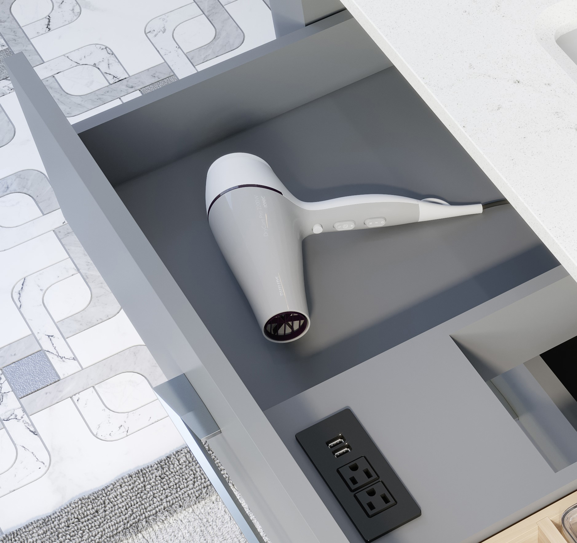 Ronaldo 48-inch Bathroom Cabinet in Oxford Grey showing the Power Outlet