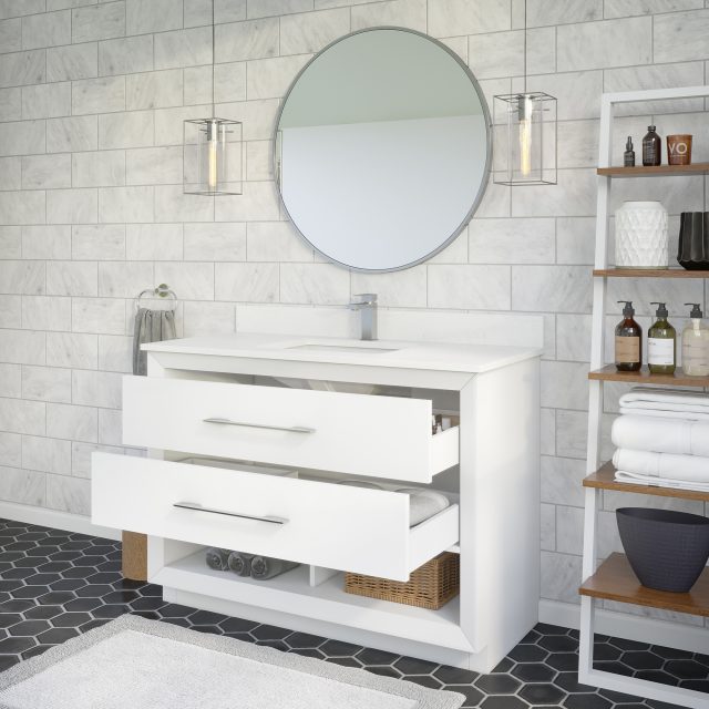 Ronaldo 48-inch Bathroom Cabinet in White with drawers opened