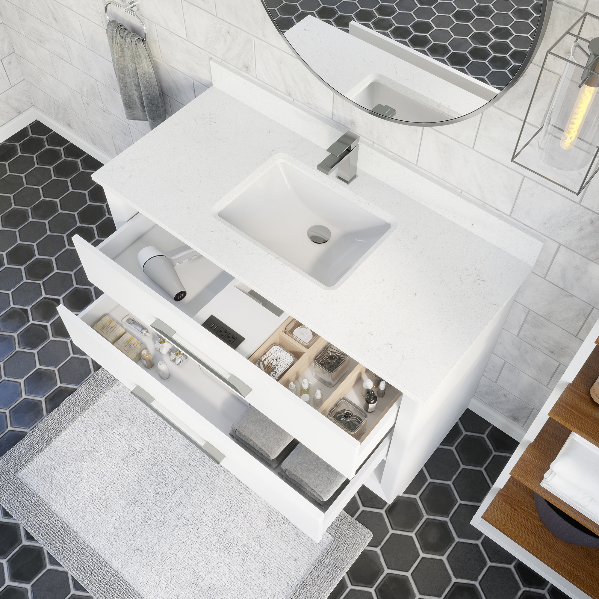 Ronaldo 48-inch Bathroom Cabinet in White with drawers opened from an Overhead view