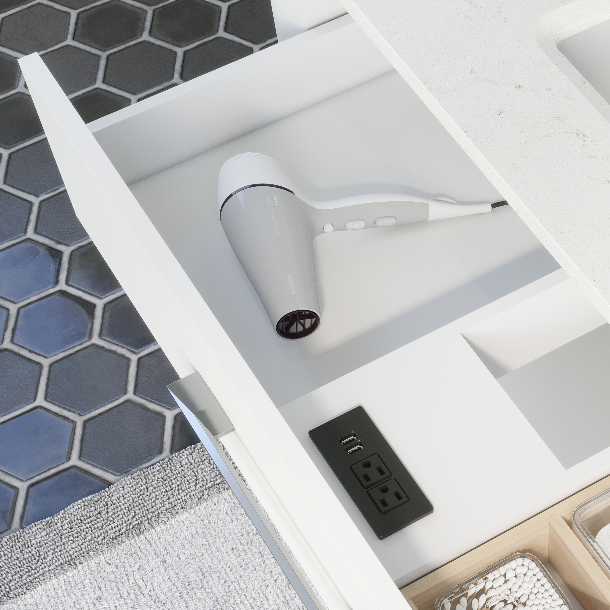 Ronaldo 48-inch Bathroom Cabinet in White showing the Power Outlet