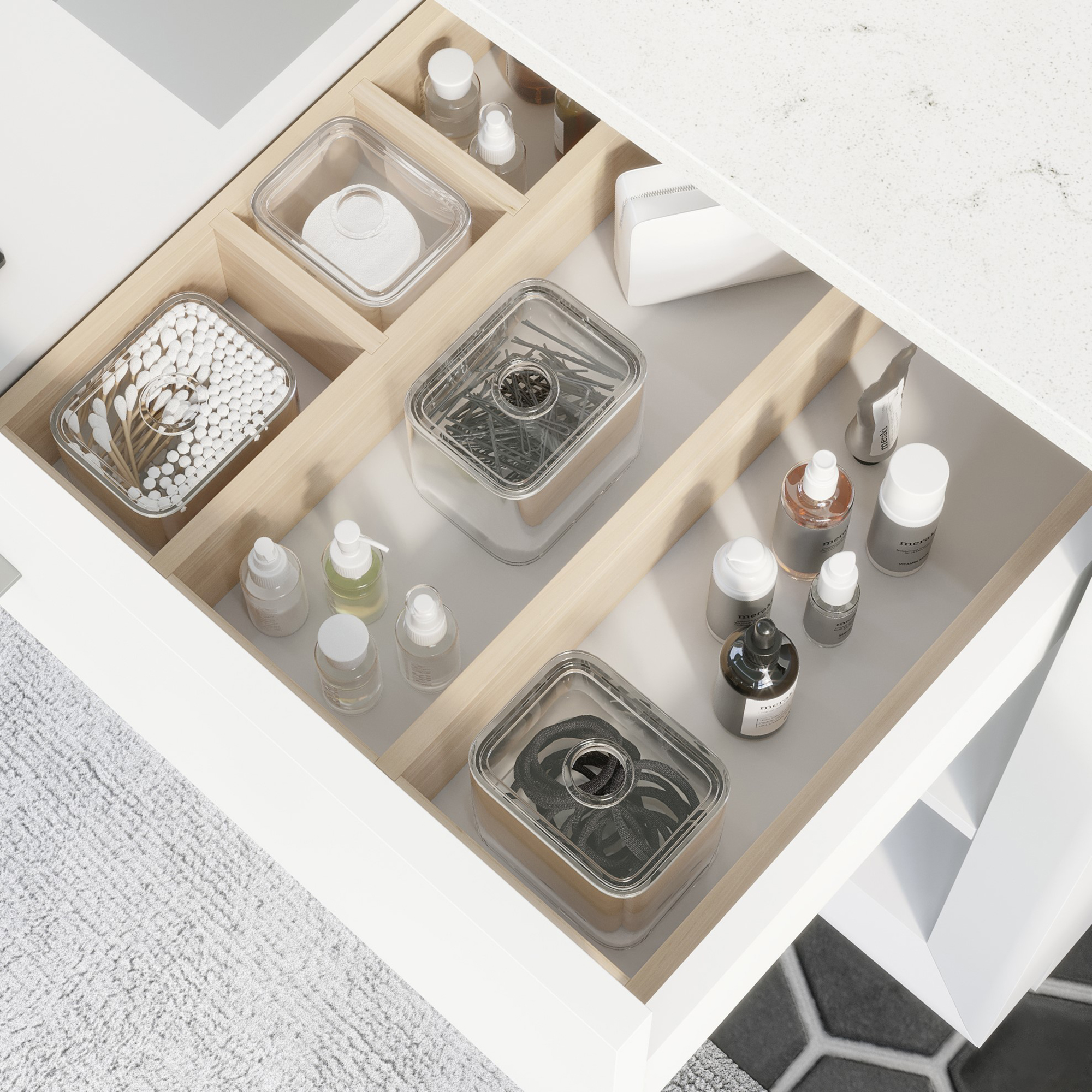 Ronaldo 48-inch Bathroom Cabinet in White showing the removable drawer organizer