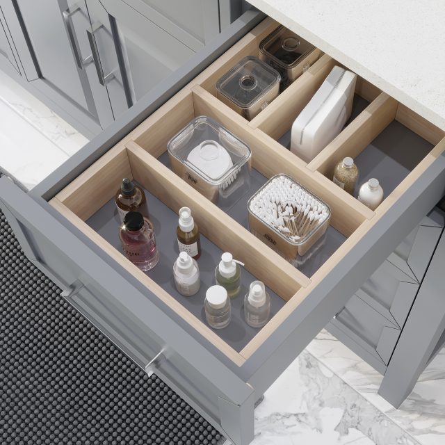 Thomson 60-inch Bathroom Cabinet in Oxford Grey showing the removable drawer organizer