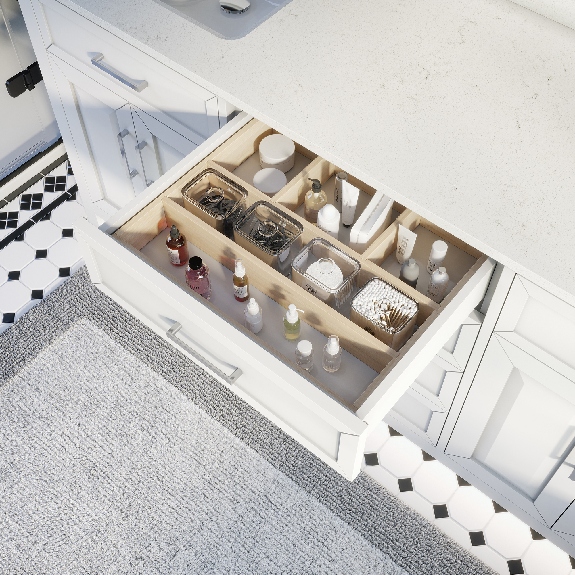 Thomson 72-inch Bathroom Cabinet in White showing the removable drawer organizer